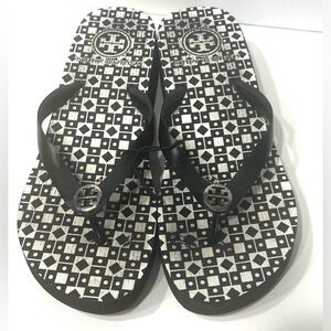 Tory Burch Womens Reva Rubber Flip Flops Black & Gray Logo Womens Wedges